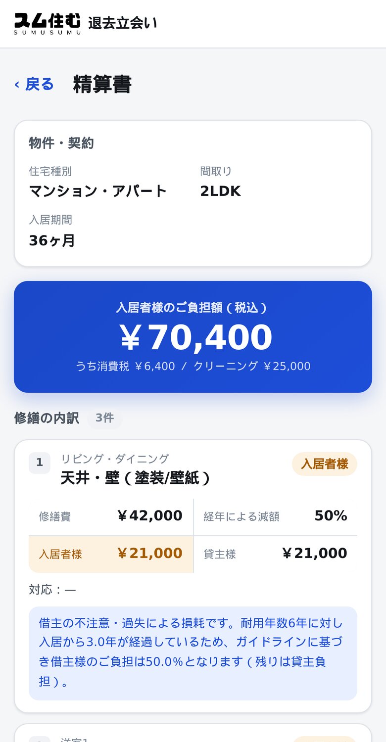 スマートフォンで表示した退去立会いアプリの精算書。修繕1件ごとに負担額と根拠が並ぶ